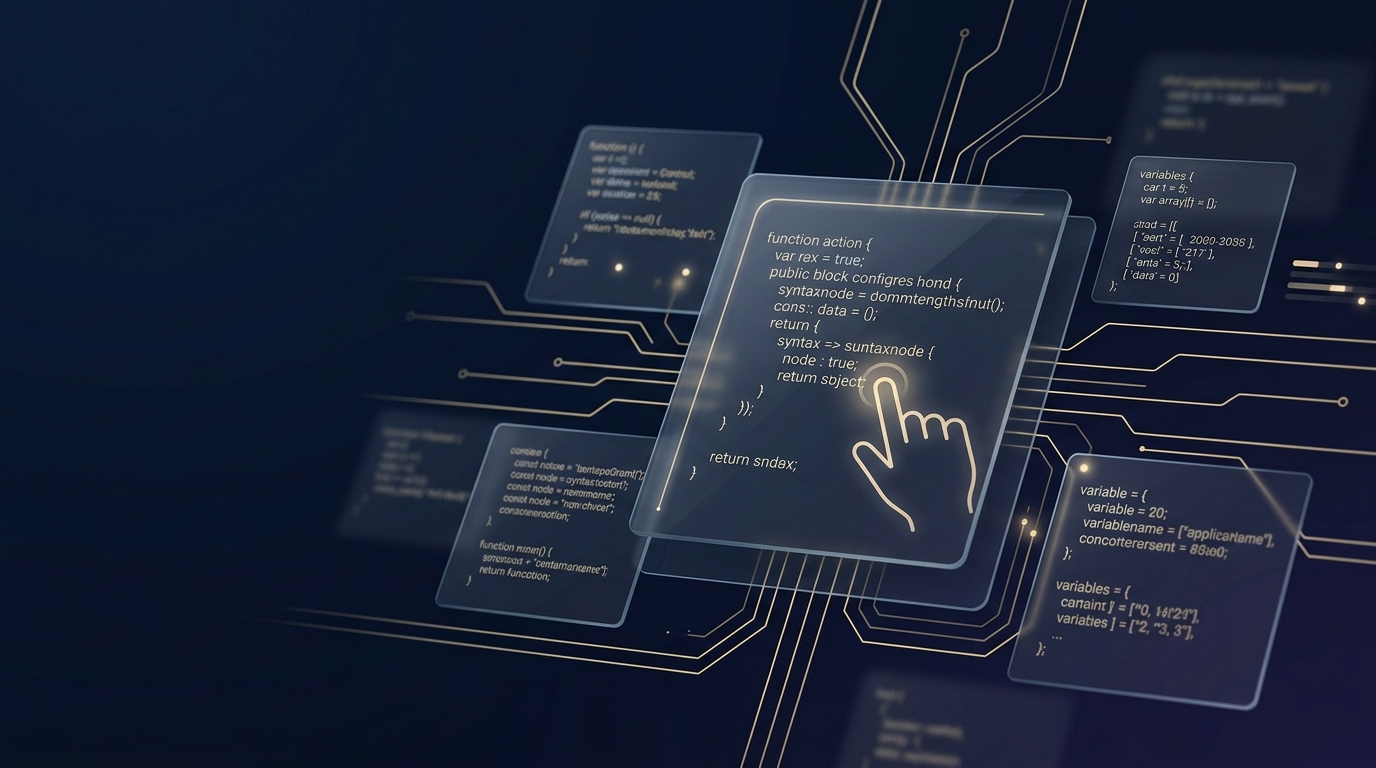 Digital interface showing lines of AI-generated code under an engineering review beam with subtle golden telemetry metrics on a midnight navy background