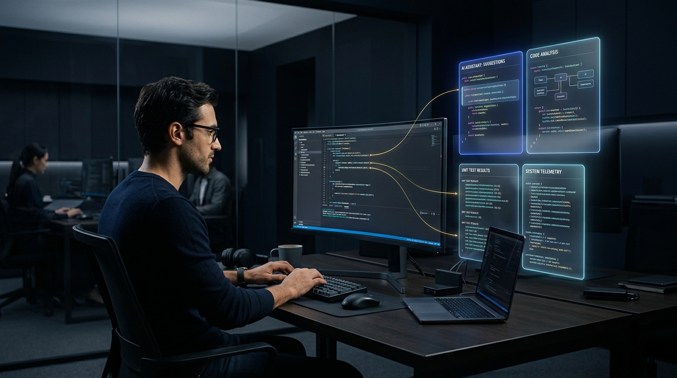 Software developer working with an AI coding assistant in a modern dark engineering studio