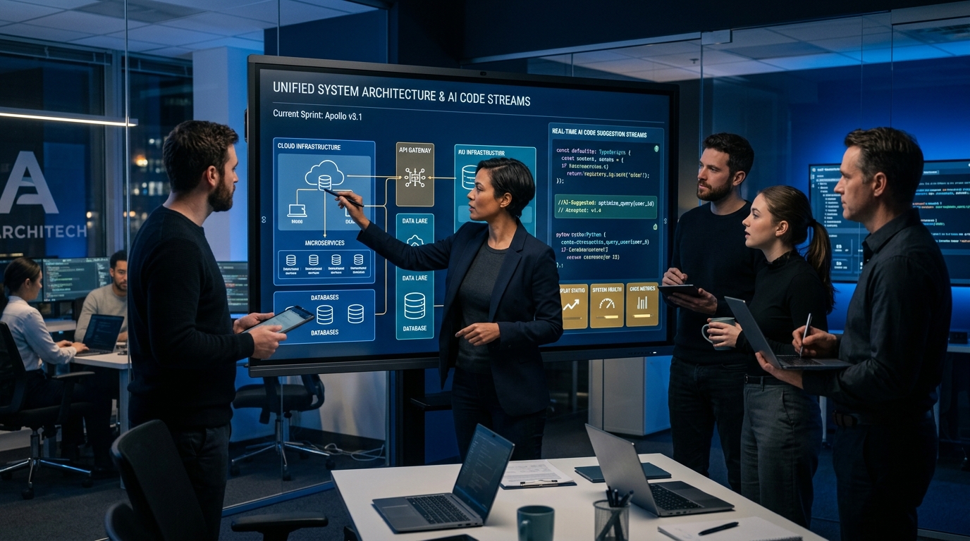 Modern Agile Team Collaborating in an AI-Augmented Engineering Workspace