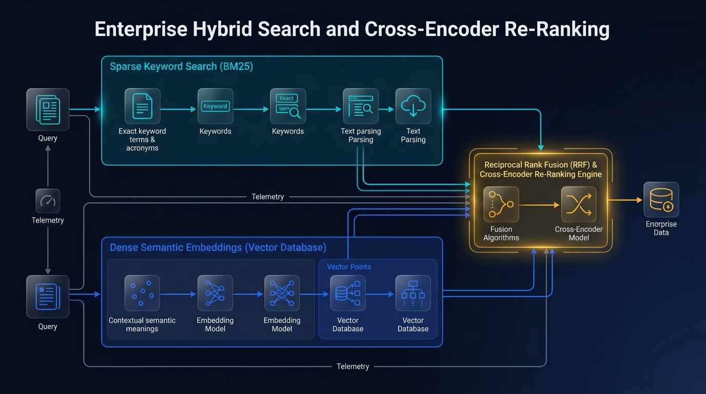 Enterprise Hybrid Search and Cross-Encoder Re-Ranking Architecture